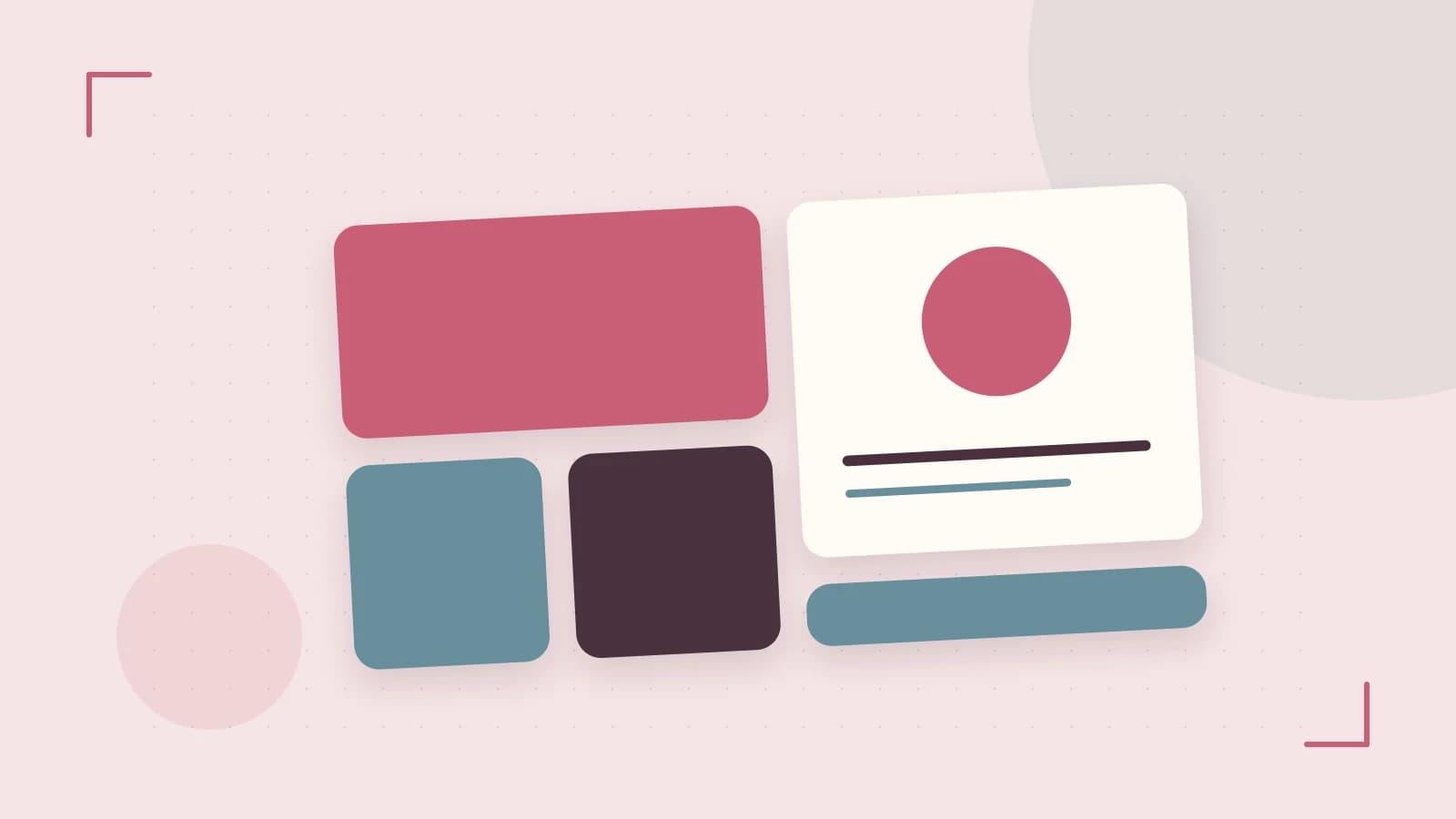 Editorial illustration of responsive browser layouts, overlapping design components and a color system