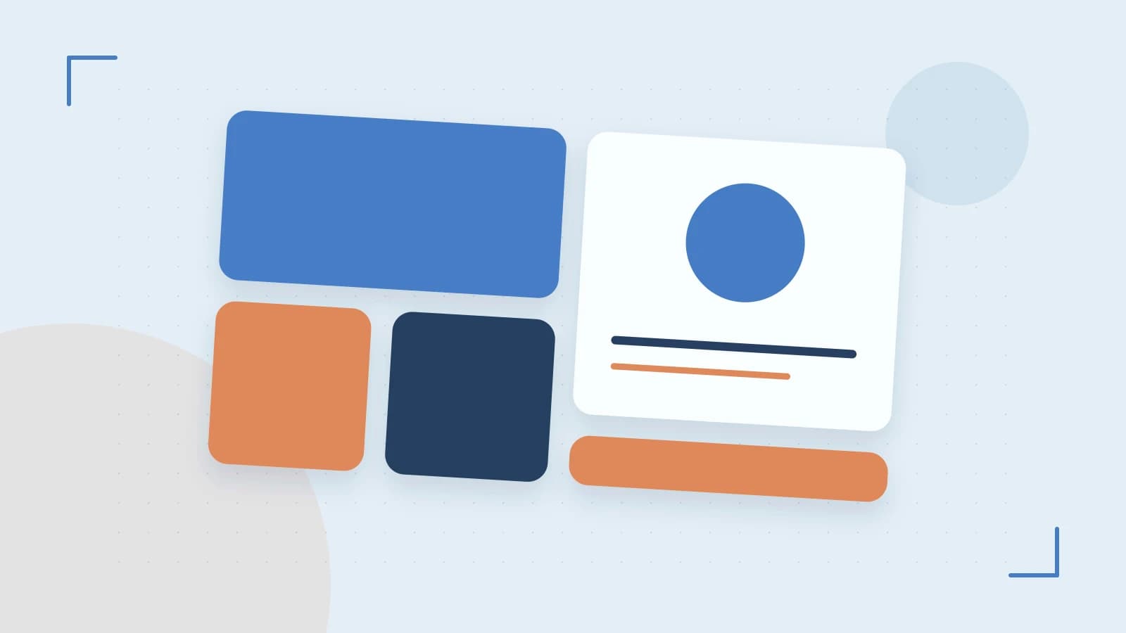 Editorial illustration of responsive browser layouts, overlapping design components and a color system