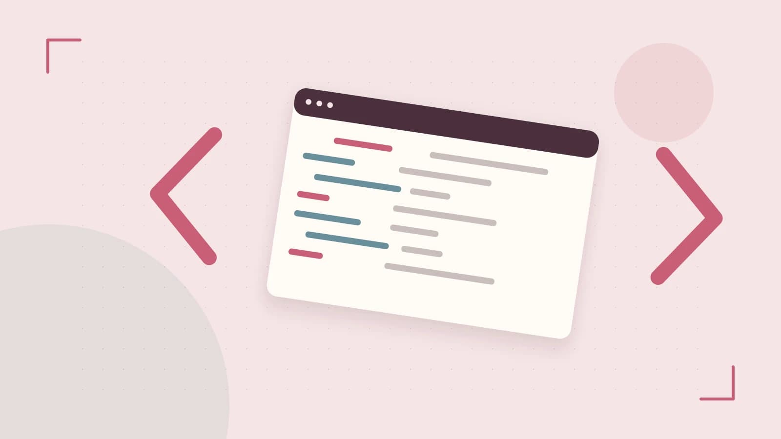 Editorial illustration of an abstract code editor, syntax blocks and oversized programming brackets