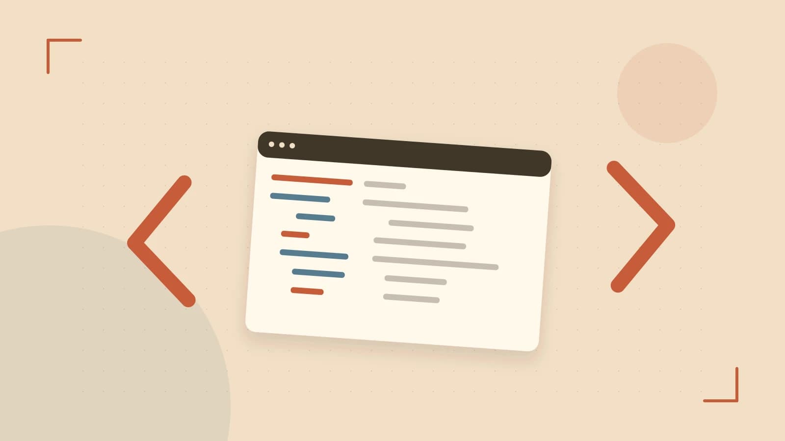 Editorial illustration of an abstract code editor, syntax blocks and oversized programming brackets