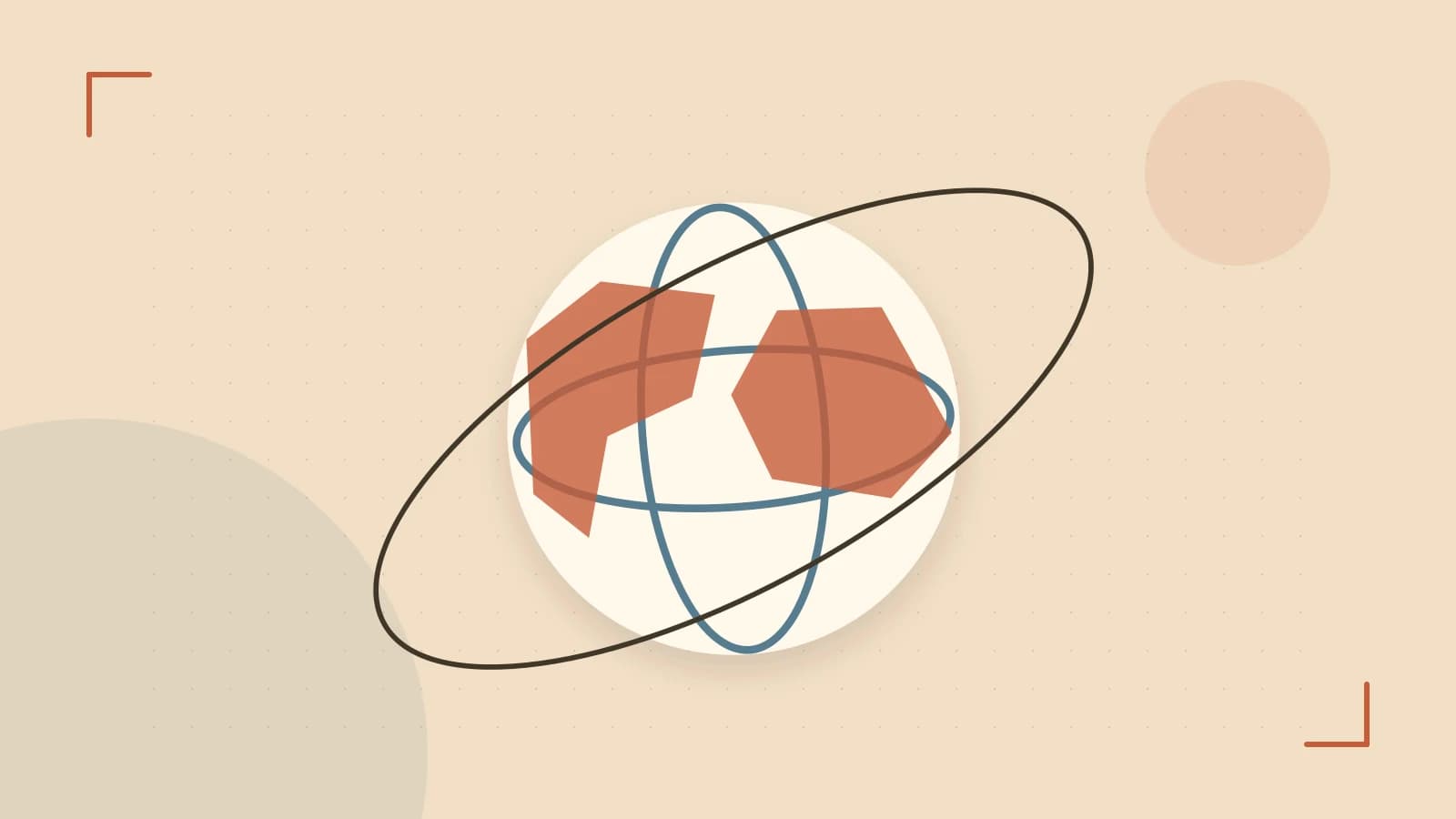 Editorial illustration of an editorial globe with meridians and layered geographic shapes