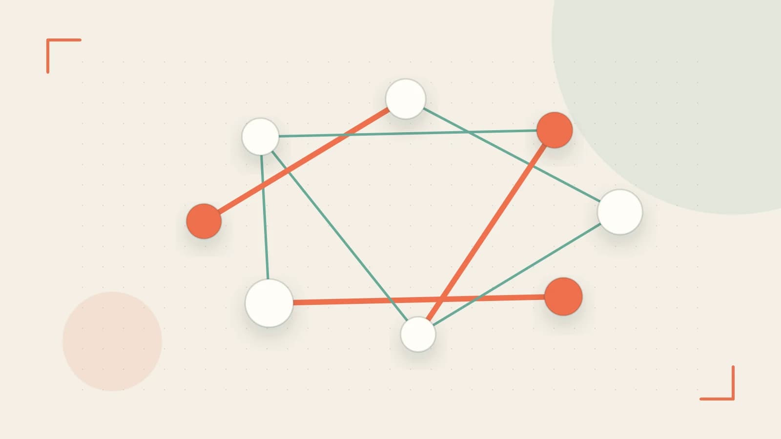 Editorial illustration of an algorithmic node graph with branching paths and a highlighted result