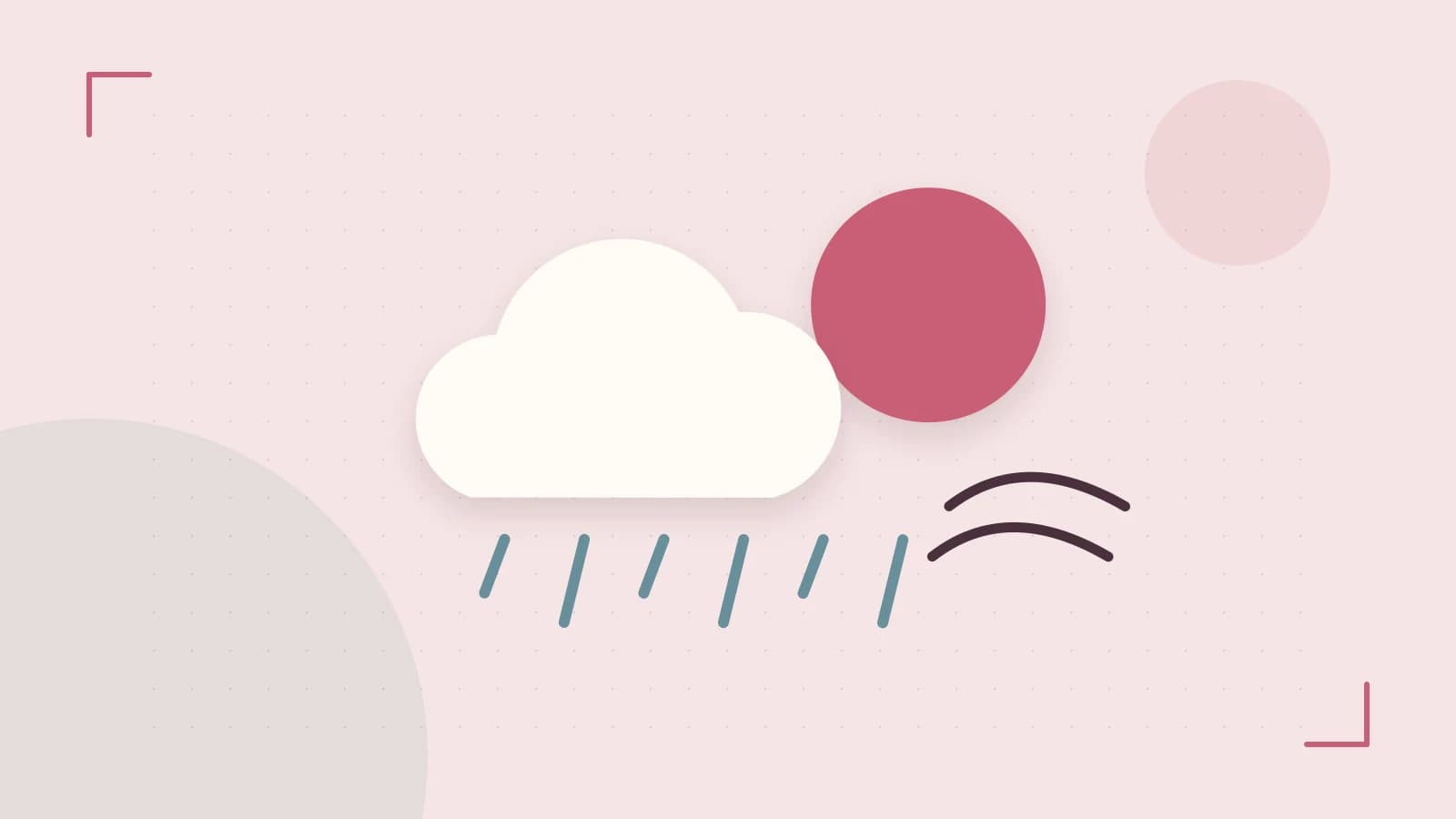 Editorial illustration of a sun, layered clouds, raindrops and flowing weather patterns