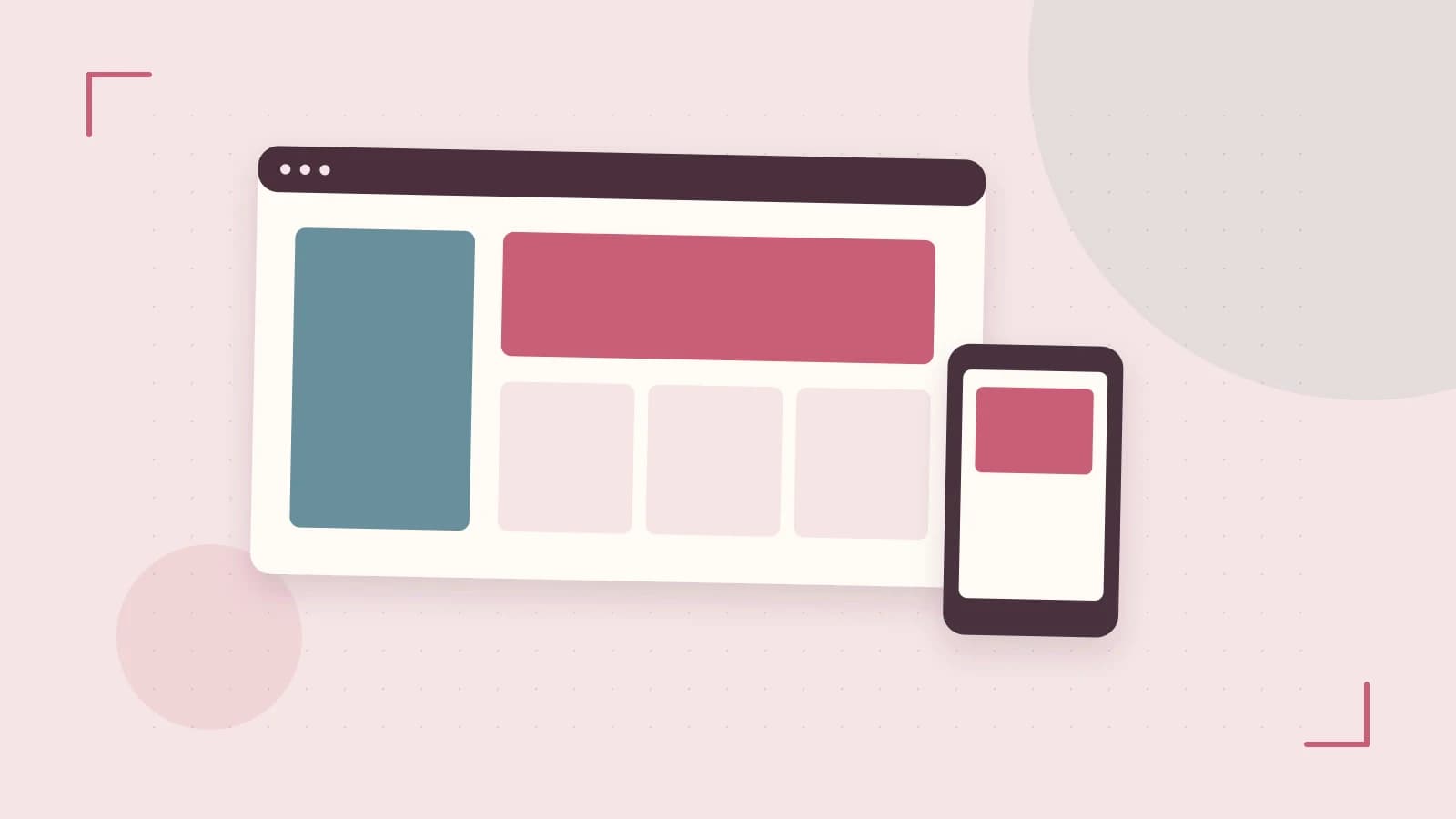 Editorial illustration of responsive browser layouts, overlapping design components and a color system