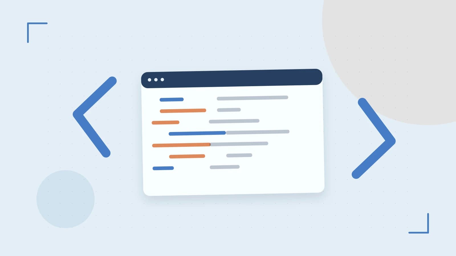 Editorial illustration of an abstract code editor, syntax blocks and oversized programming brackets