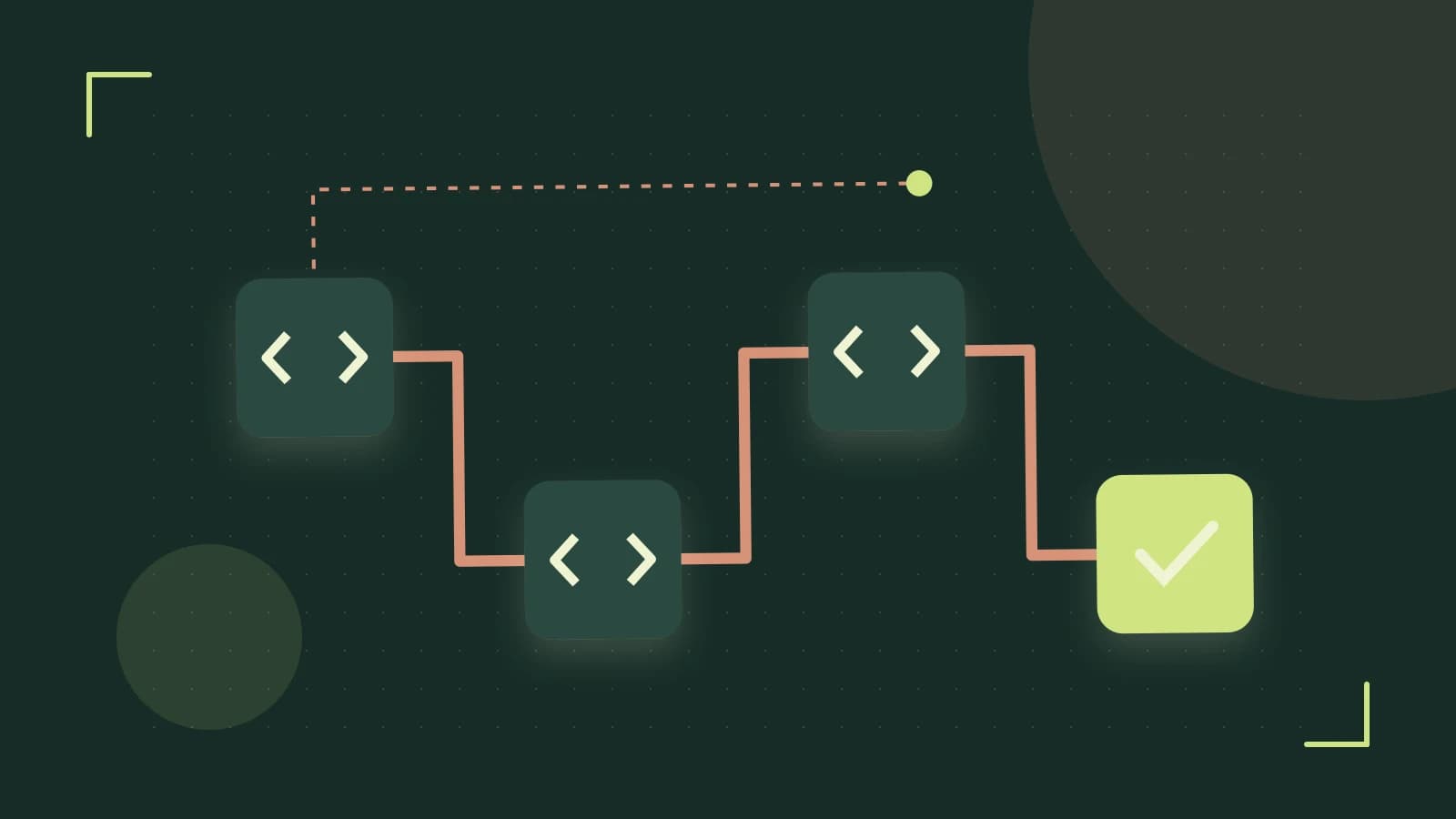 Editorial illustration of a branching build pipeline, staged transformations and a completed check