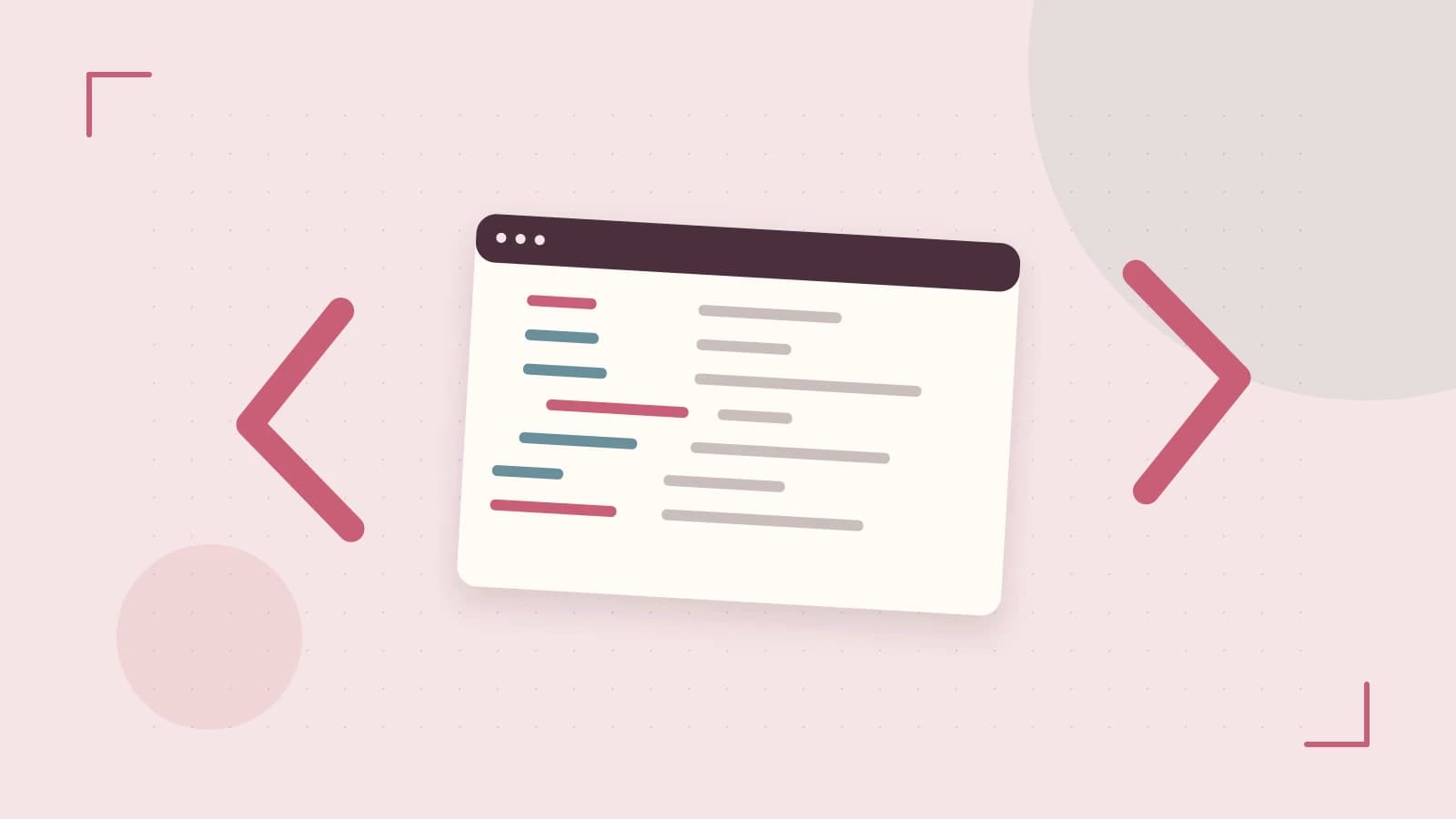 Editorial illustration of an abstract code editor, syntax blocks and oversized programming brackets