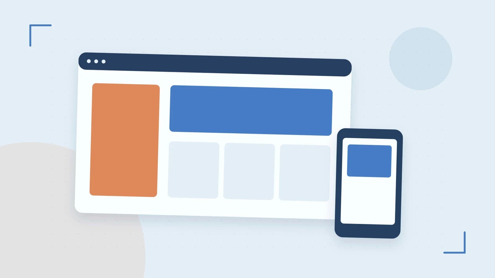Editorial illustration of responsive browser layouts, overlapping design components and a color system