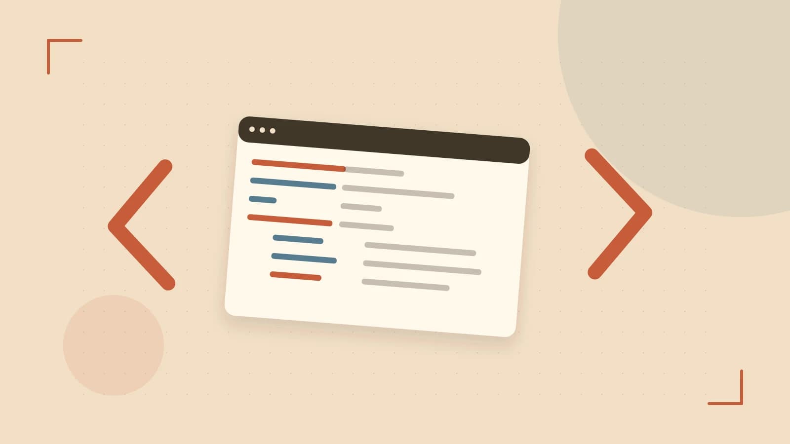 Editorial illustration of an abstract code editor, syntax blocks and oversized programming brackets