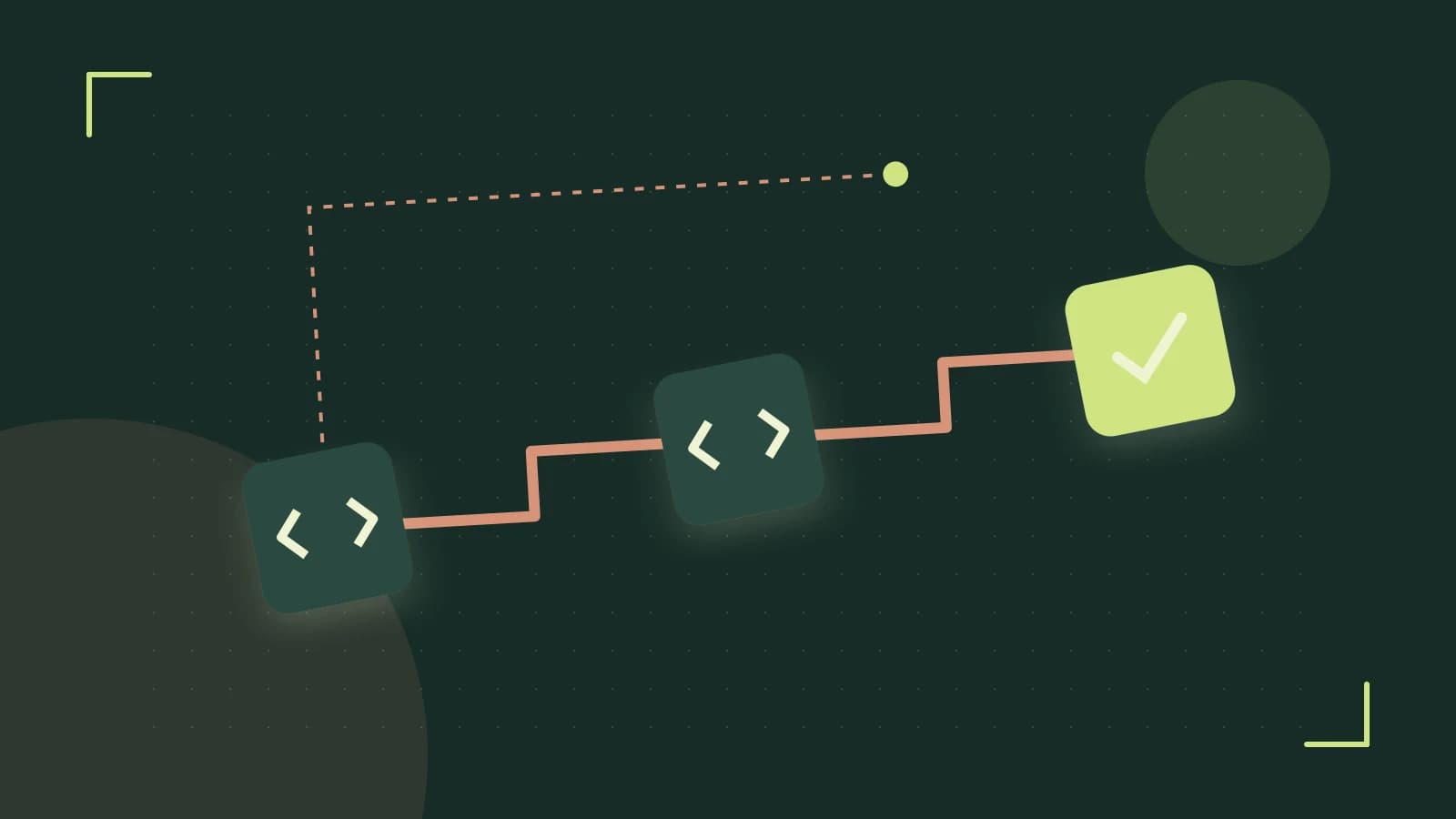 Editorial illustration of a branching build pipeline, staged transformations and a completed check