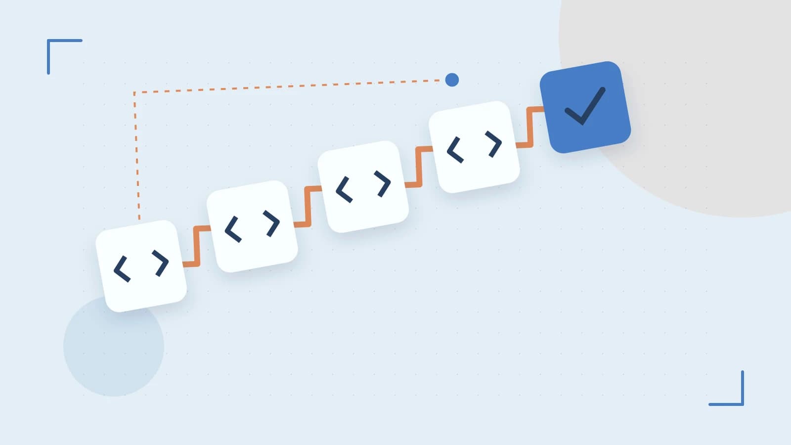Editorial illustration of a branching build pipeline, staged transformations and a completed check