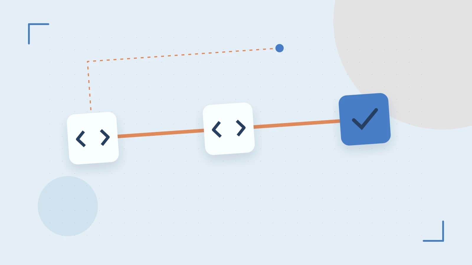 Editorial illustration of a branching build pipeline, staged transformations and a completed check