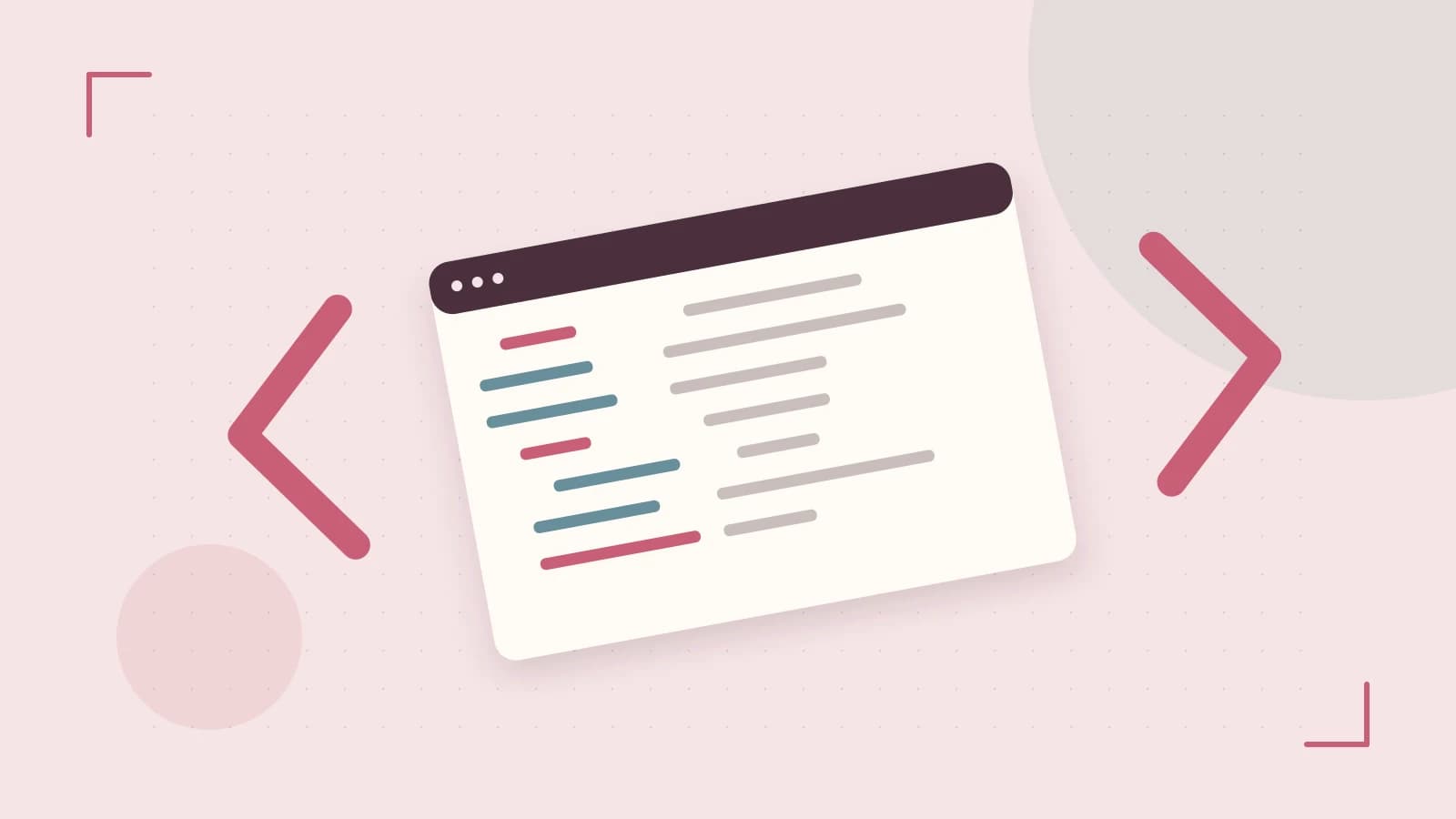 Editorial illustration of an abstract code editor, syntax blocks and oversized programming brackets
