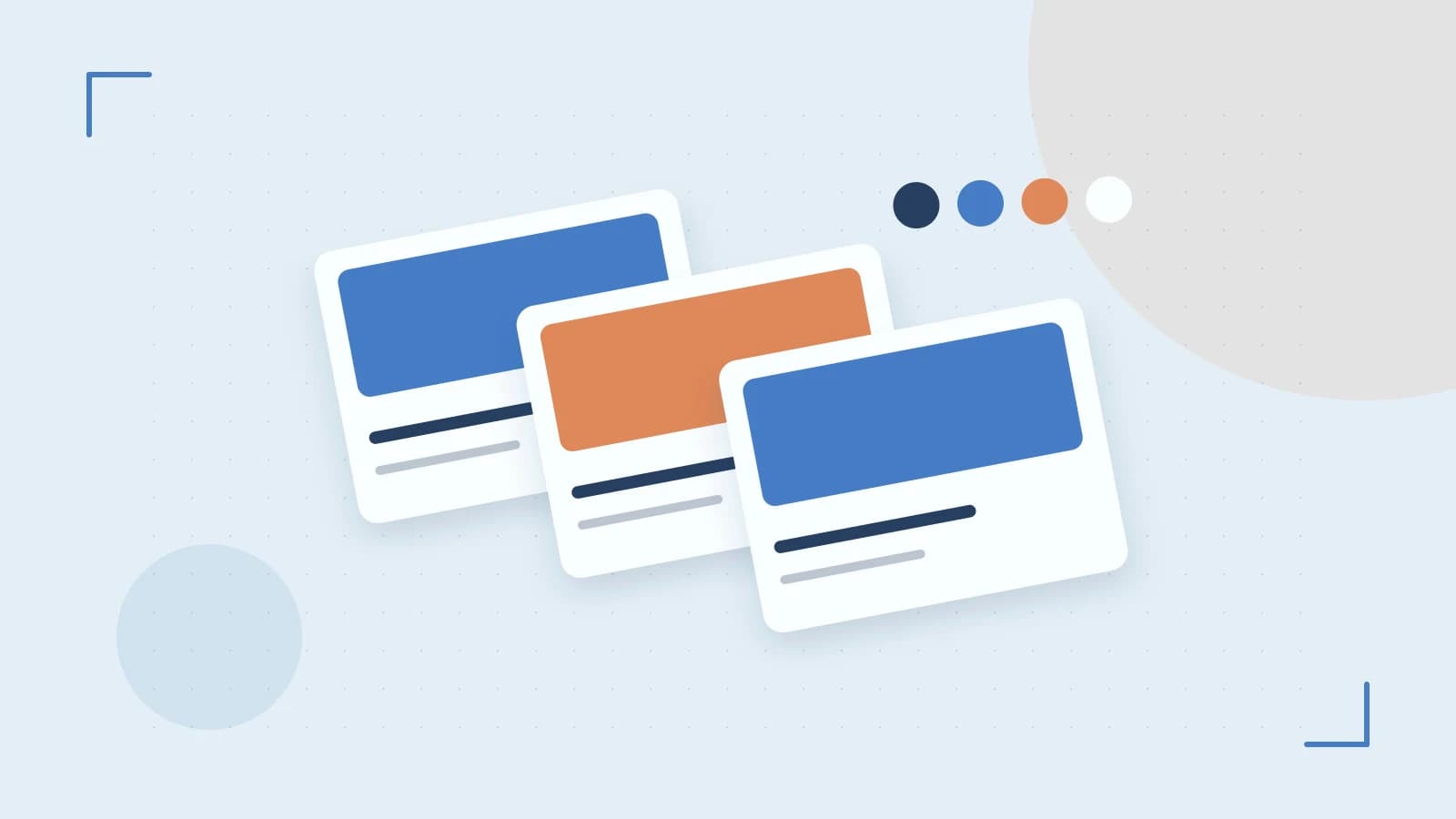 Editorial illustration of responsive browser layouts, overlapping design components and a color system