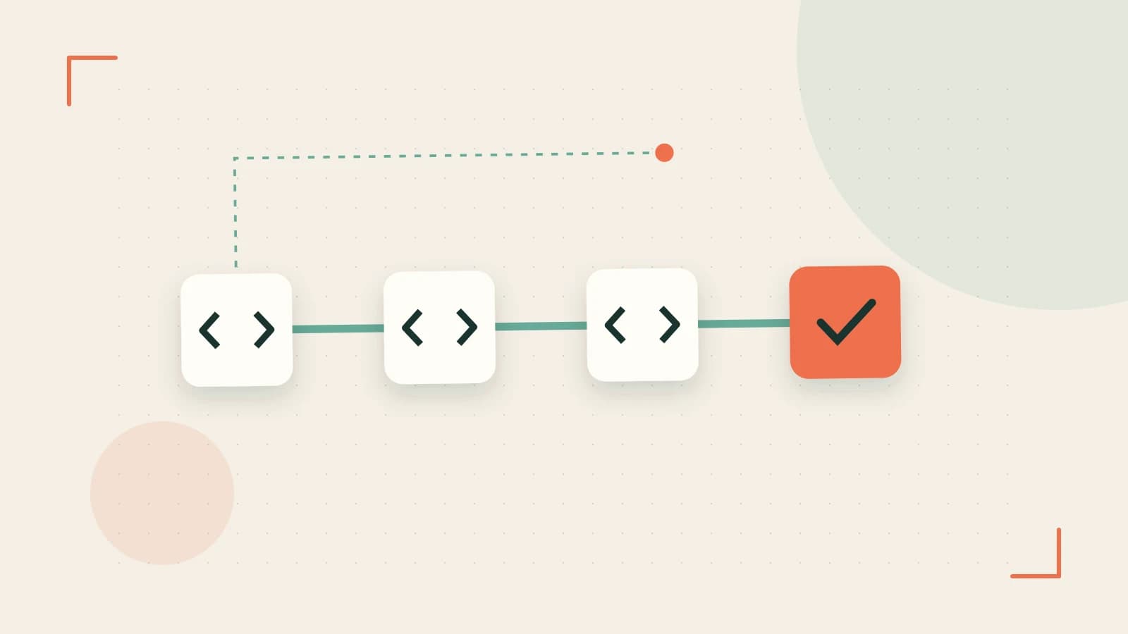 Editorial illustration of a branching build pipeline, staged transformations and a completed check