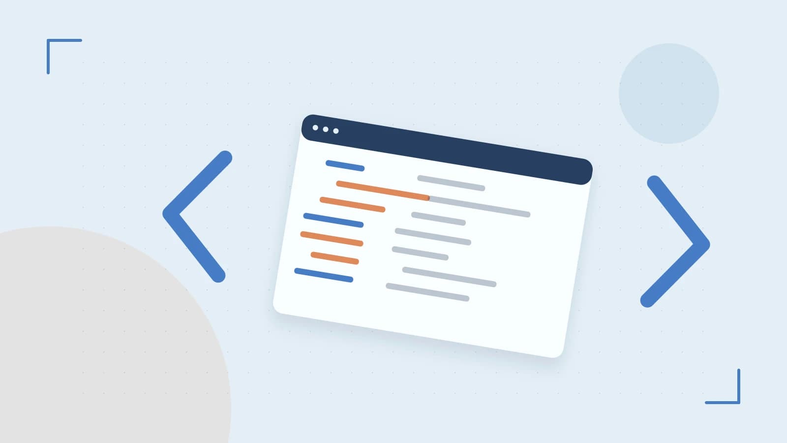 Editorial illustration of an abstract code editor, syntax blocks and oversized programming brackets