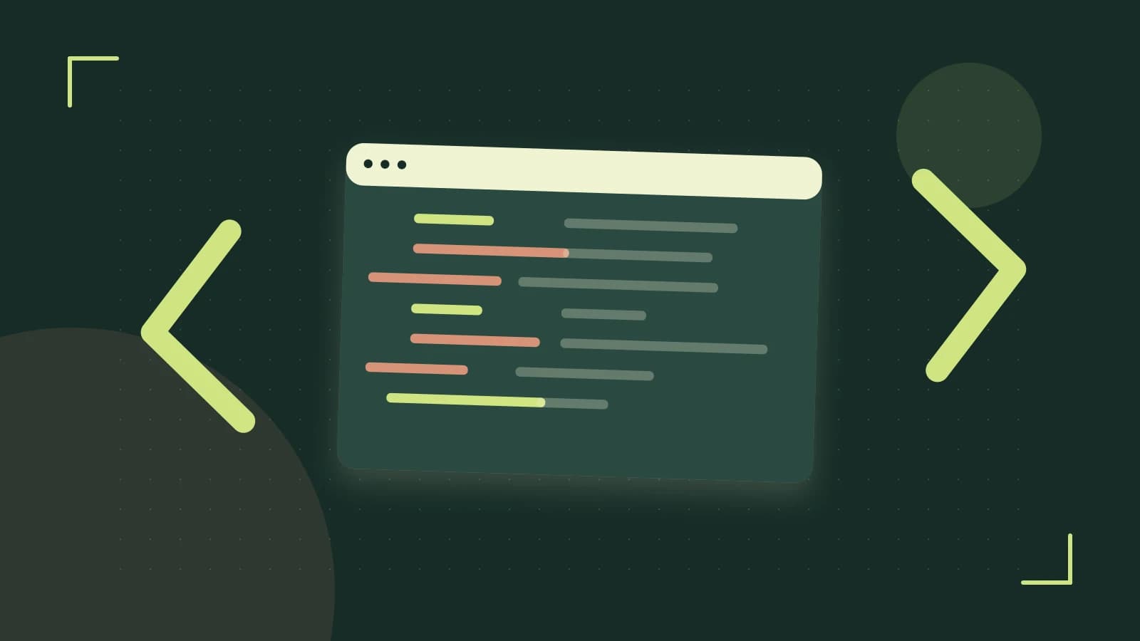 Editorial illustration of an abstract code editor, syntax blocks and oversized programming brackets