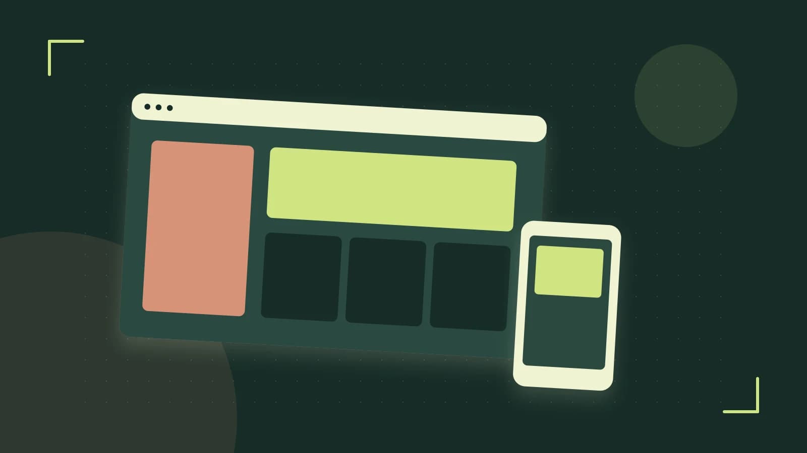 Editorial illustration of responsive browser layouts, overlapping design components and a color system