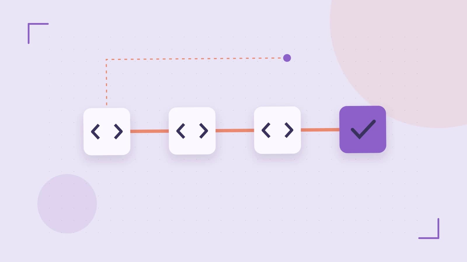 Editorial illustration of a branching build pipeline, staged transformations and a completed check