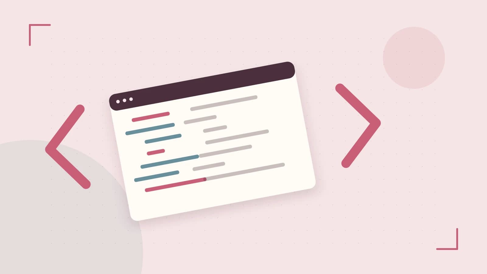 Editorial illustration of an abstract code editor, syntax blocks and oversized programming brackets