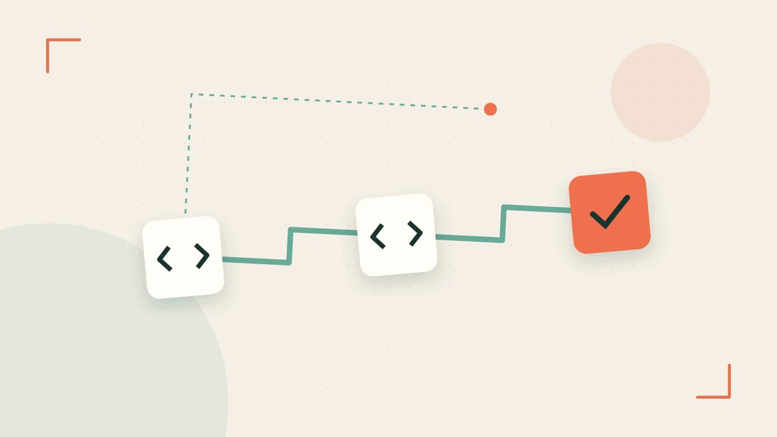 Editorial illustration of a branching build pipeline, staged transformations and a completed check