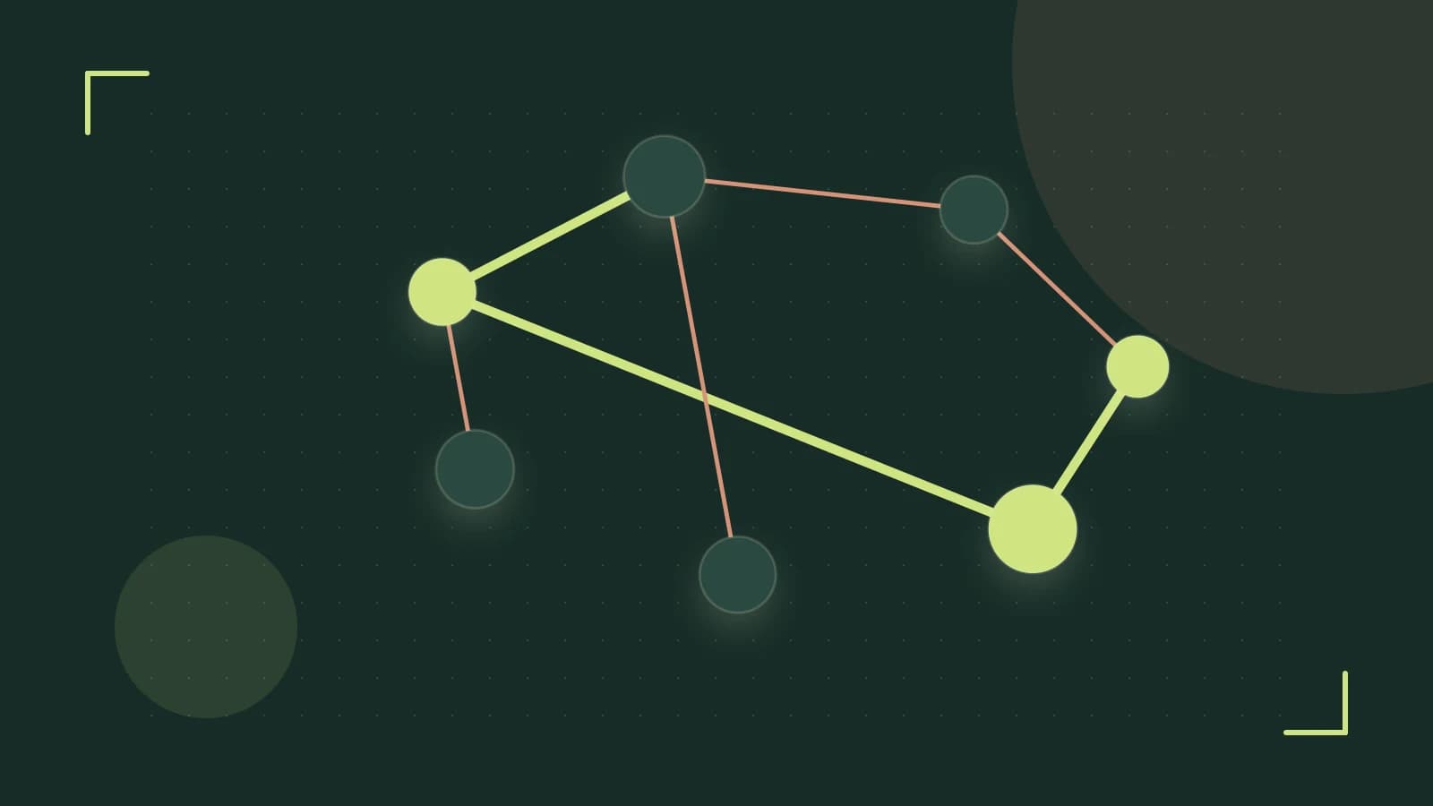 Editorial illustration of an algorithmic node graph with branching paths and a highlighted result