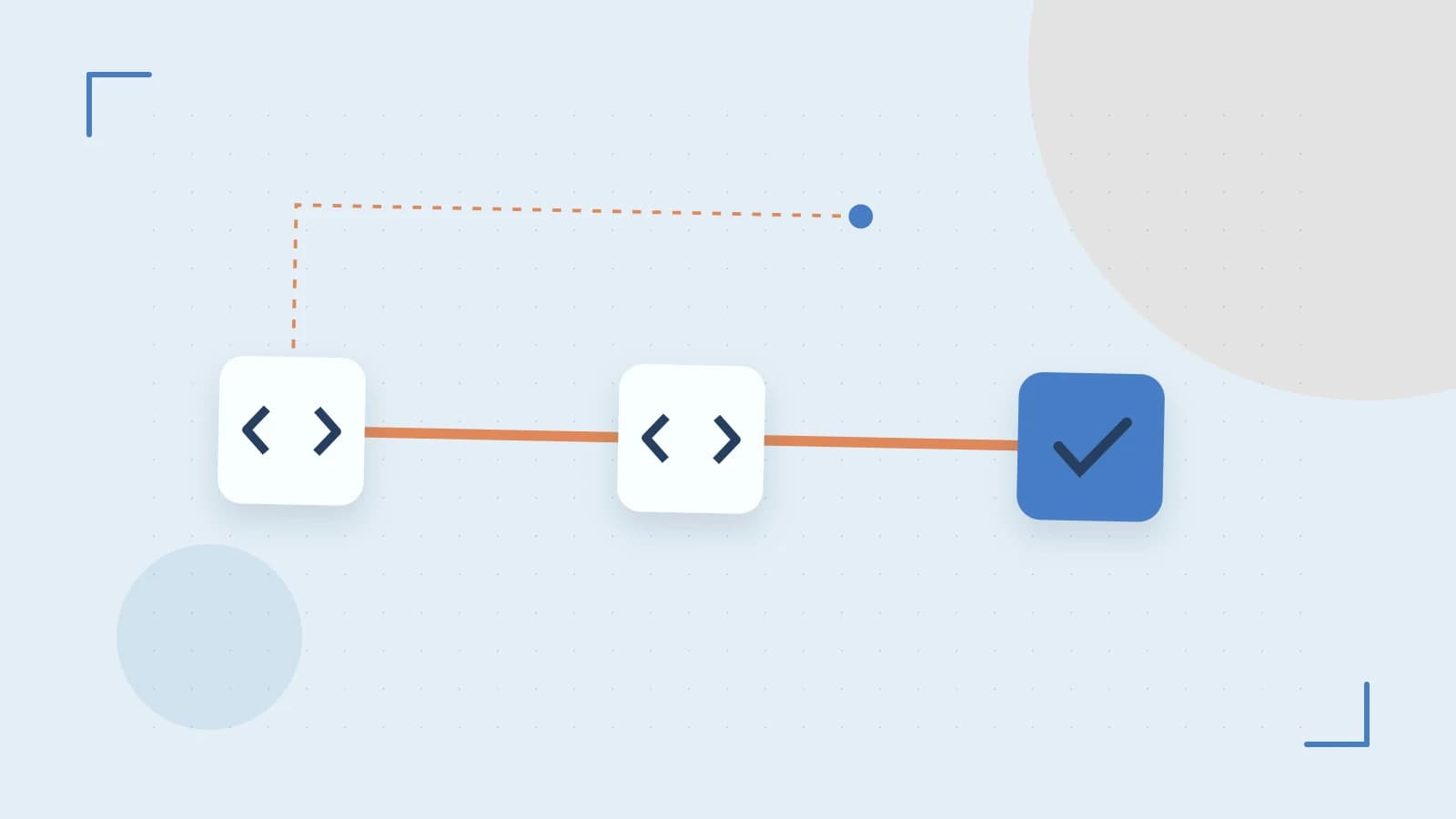 Editorial illustration of a branching build pipeline, staged transformations and a completed check