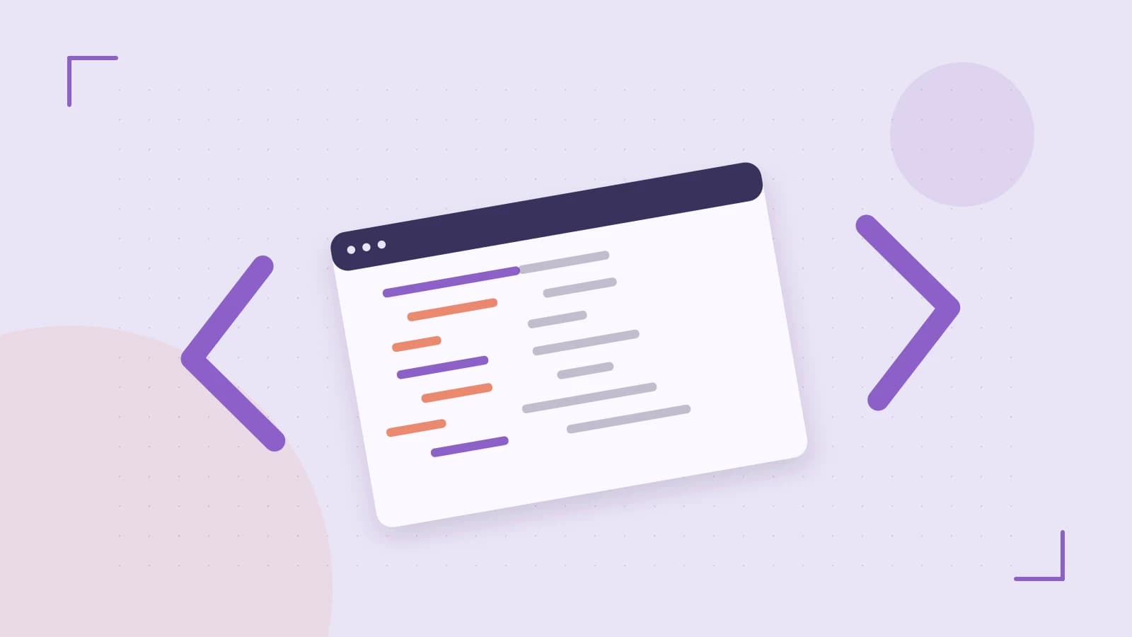 Editorial illustration of an abstract code editor, syntax blocks and oversized programming brackets