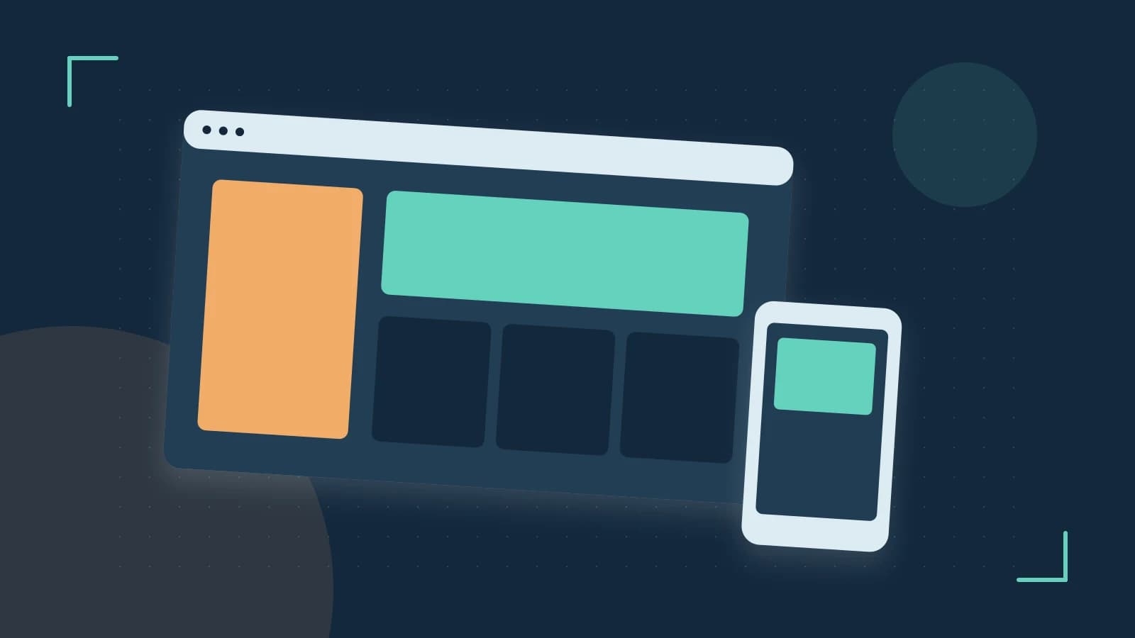 Editorial illustration of responsive browser layouts, overlapping design components and a color system