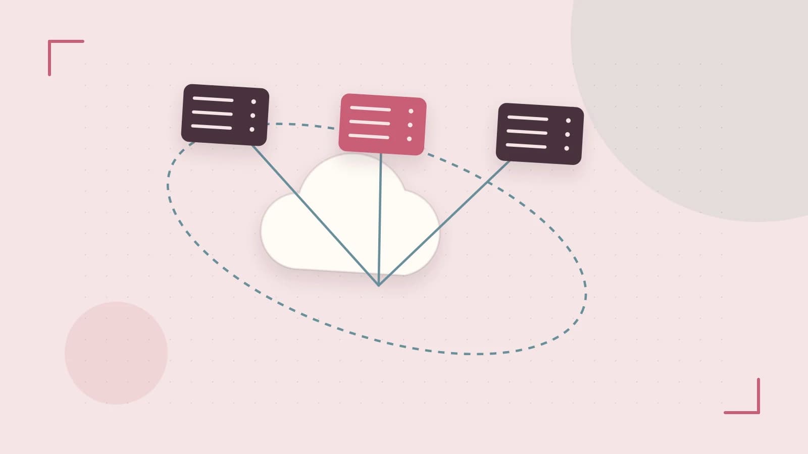 Editorial illustration of cloud infrastructure, connected server racks and an orbital service map