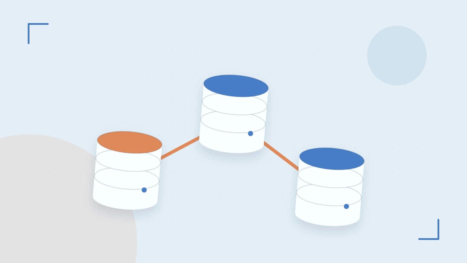 Editorial illustration of structured records, database cylinders and relationships between tables