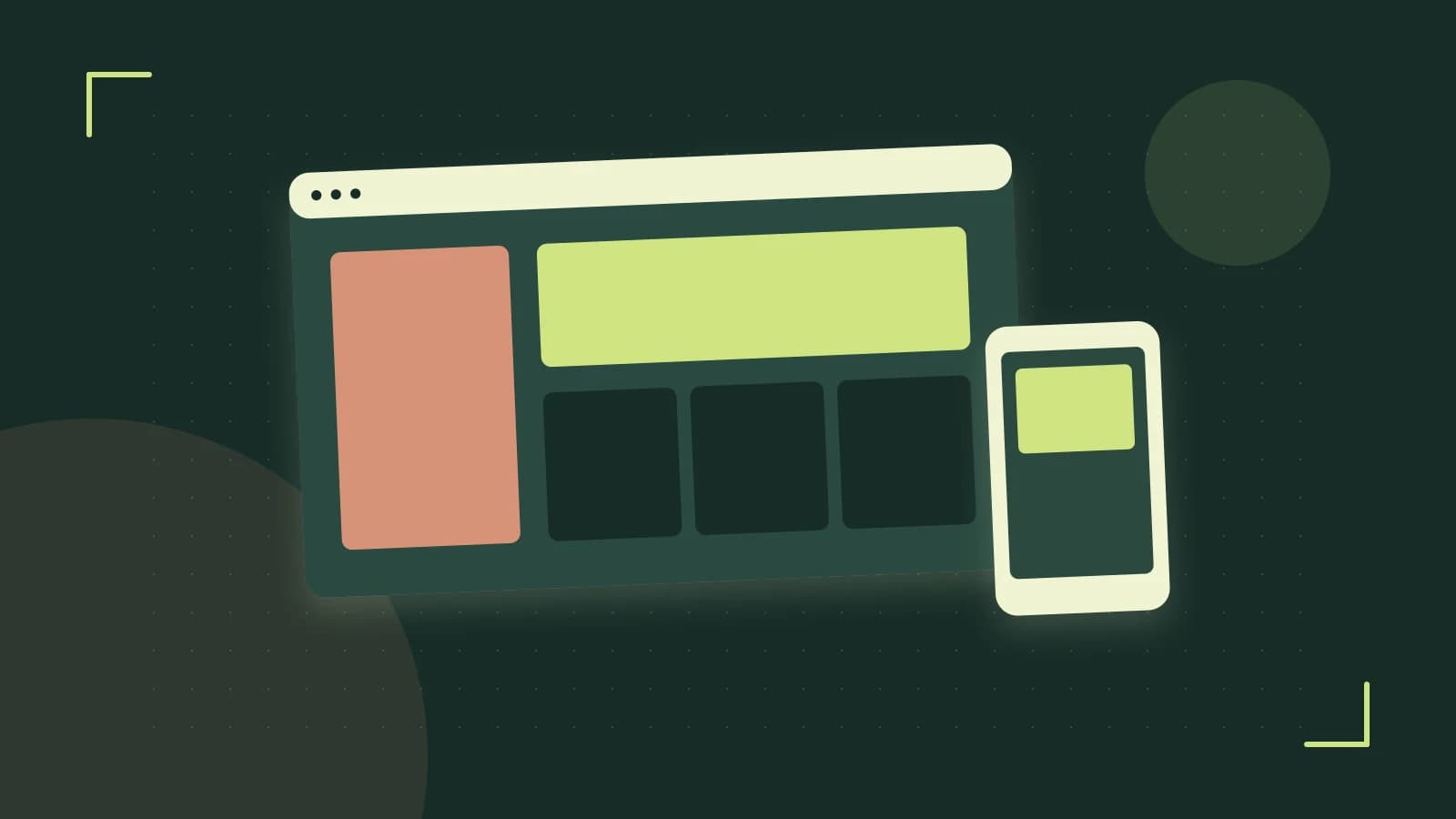 Editorial illustration of responsive browser layouts, overlapping design components and a color system