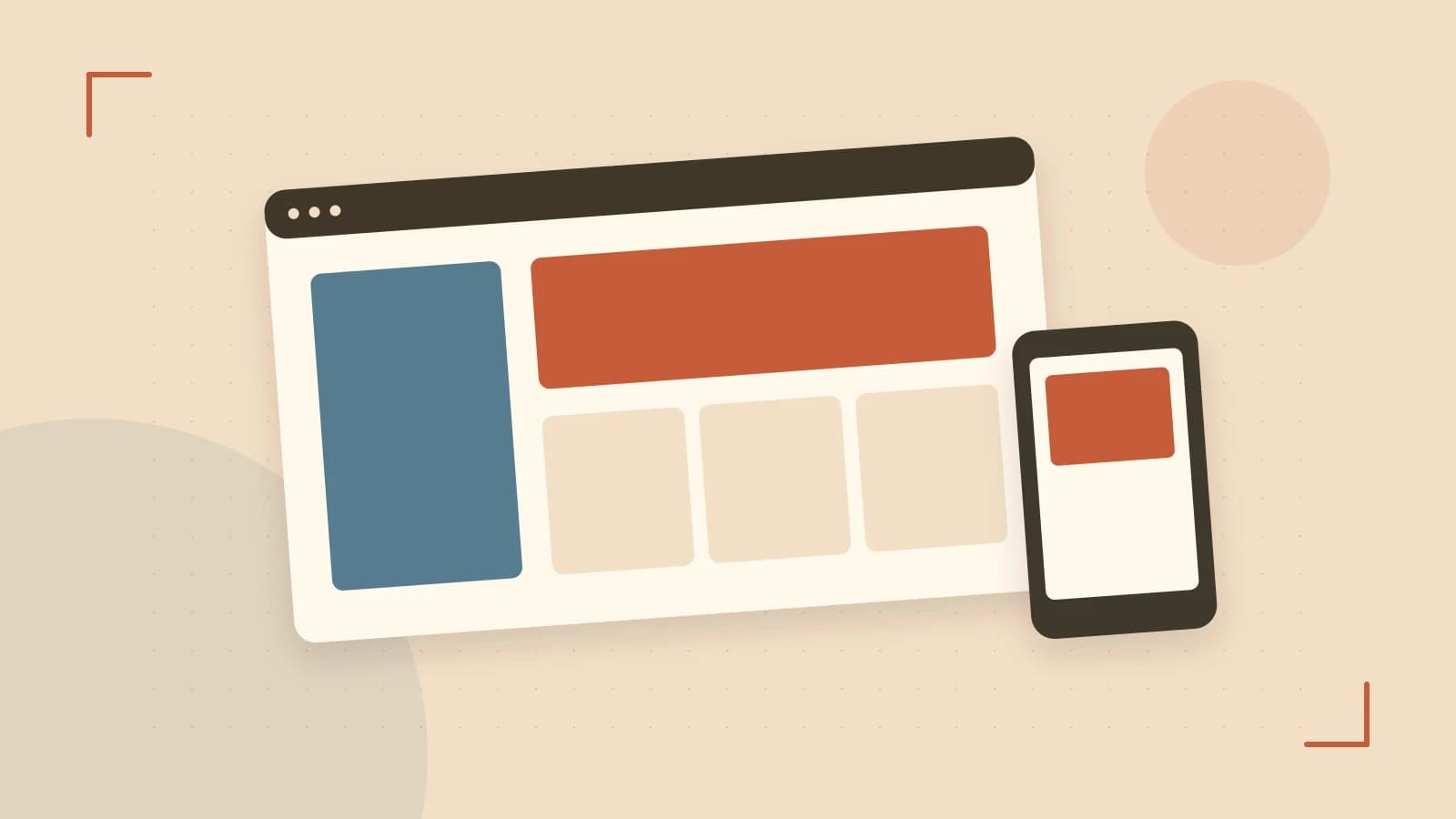 Editorial illustration of responsive browser layouts, overlapping design components and a color system