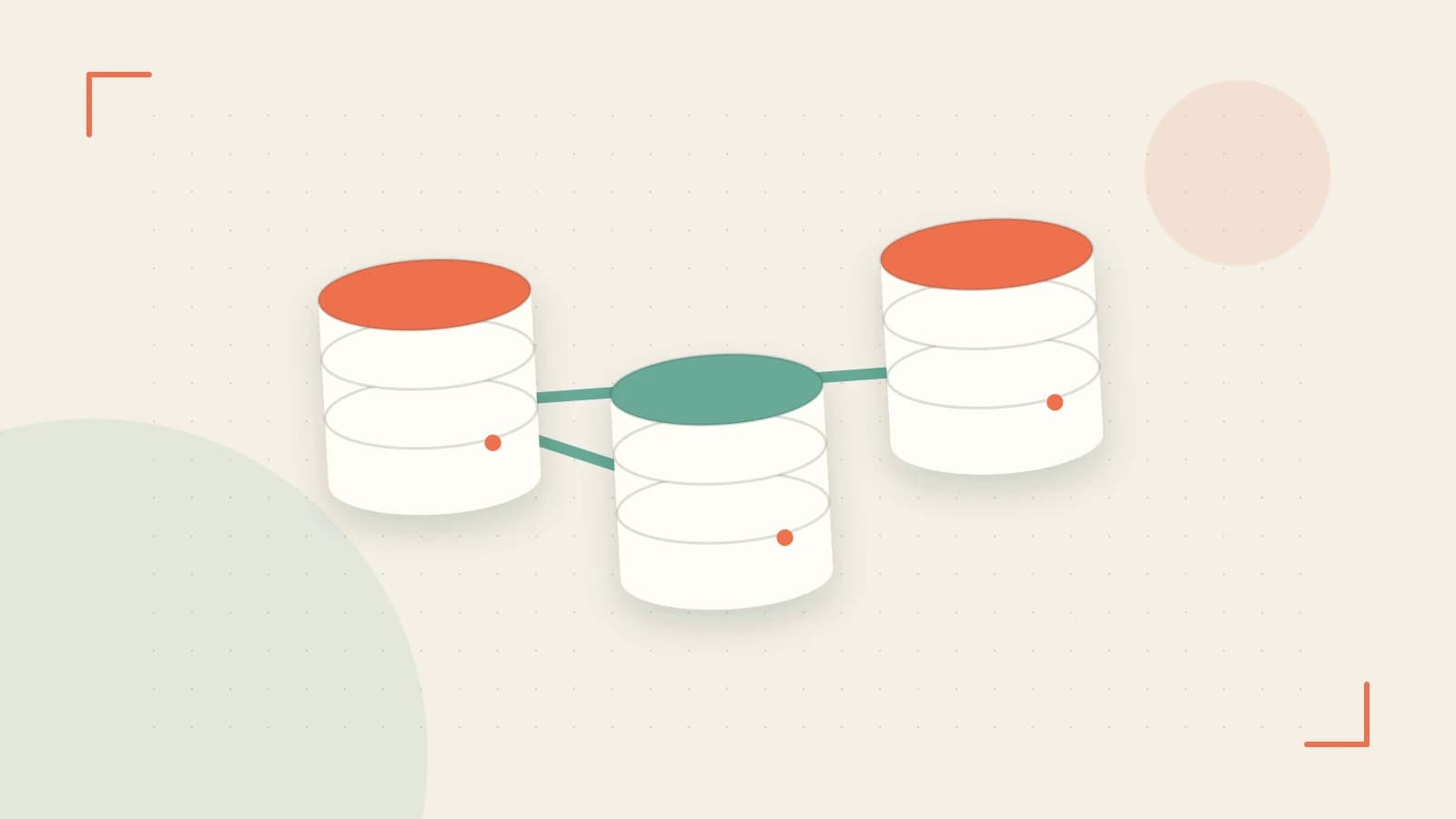 Editorial illustration of structured records, database cylinders and relationships between tables