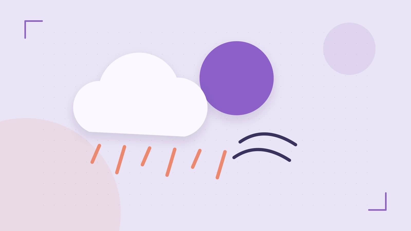 Editorial illustration of a sun, layered clouds, raindrops and flowing weather patterns