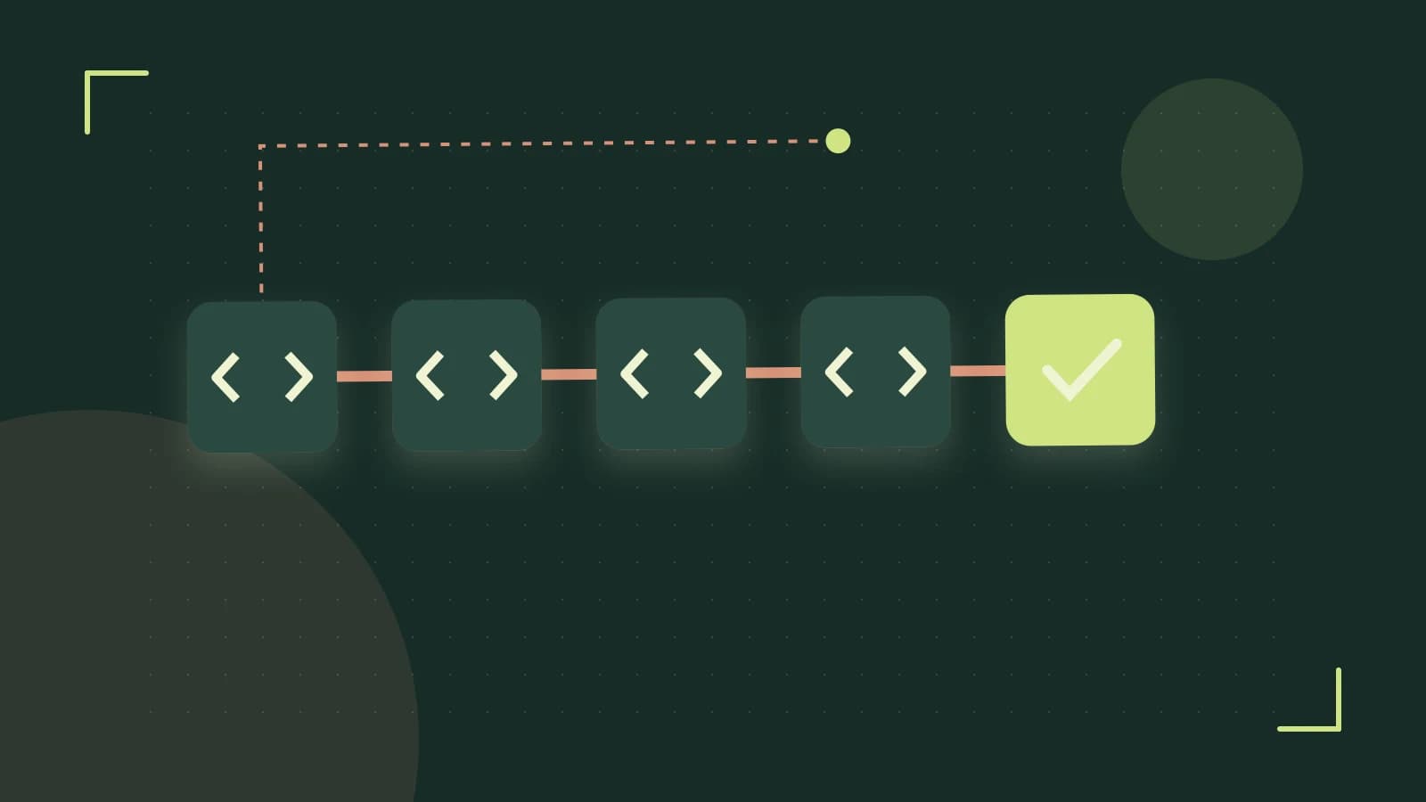 Editorial illustration of a branching build pipeline, staged transformations and a completed check