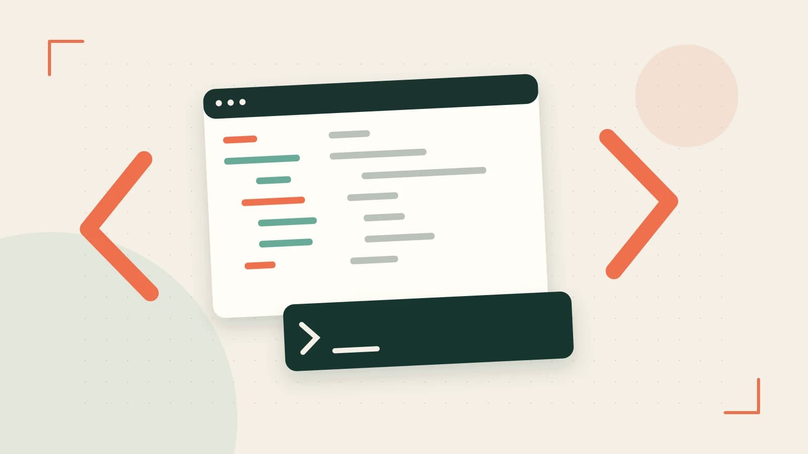 Editorial illustration of an abstract code editor, syntax blocks and oversized programming brackets