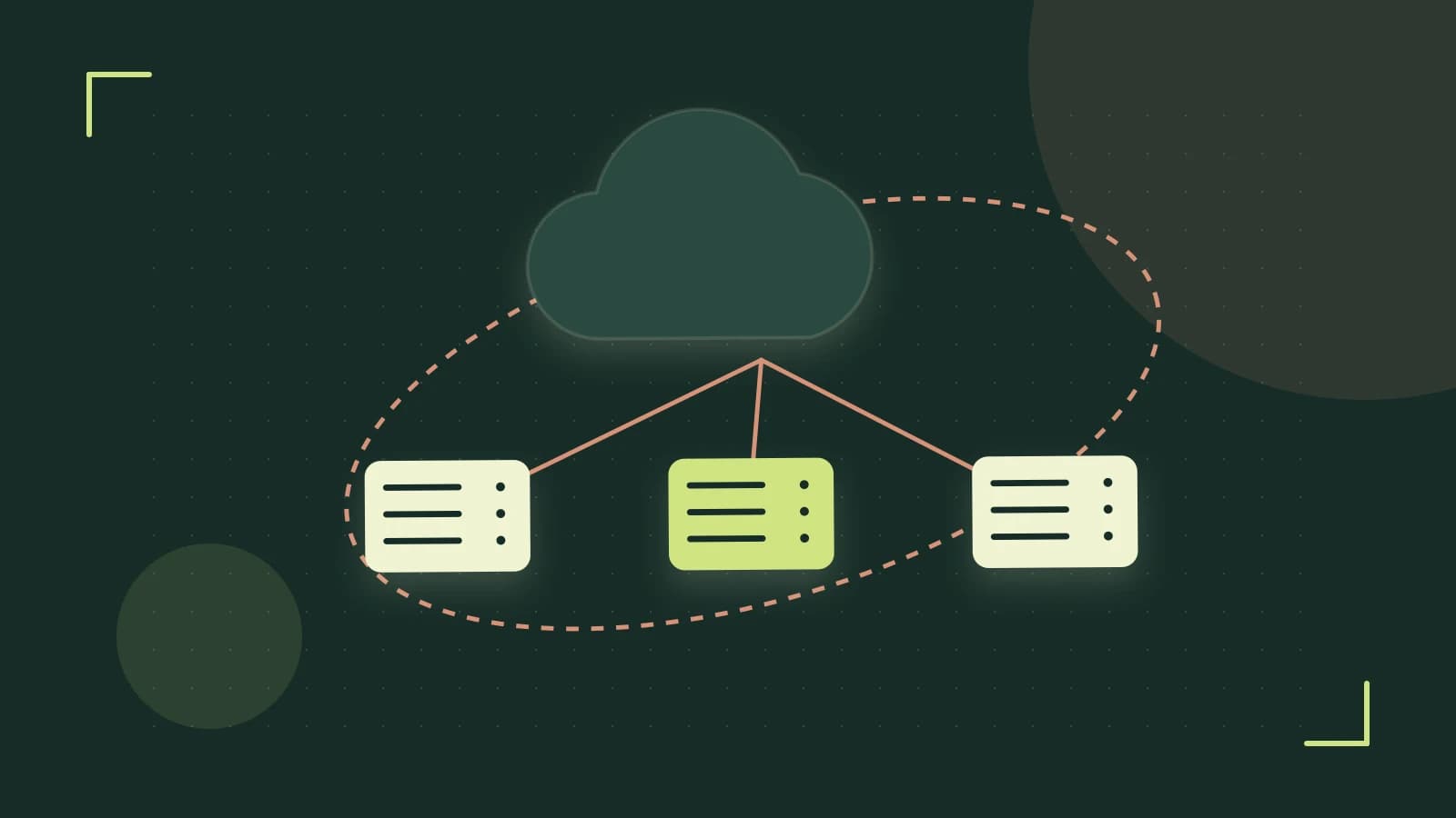 Editorial illustration of cloud infrastructure, connected server racks and an orbital service map