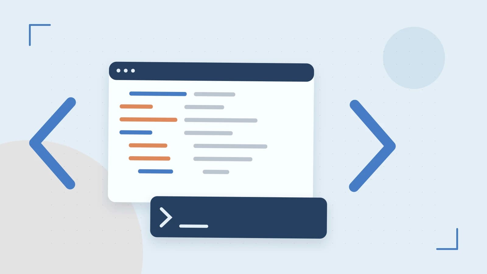 Editorial illustration of an abstract code editor, syntax blocks and oversized programming brackets