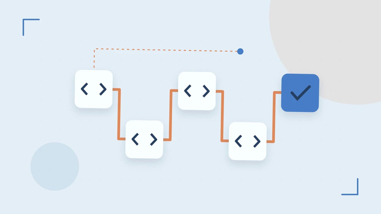 Editorial illustration of a branching build pipeline, staged transformations and a completed check
