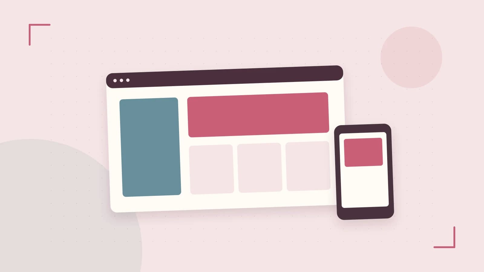 Editorial illustration of responsive browser layouts, overlapping design components and a color system
