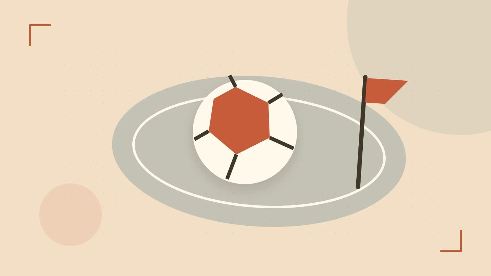 Editorial illustration of a stylized sports ball, stadium geometry and dynamic arcs