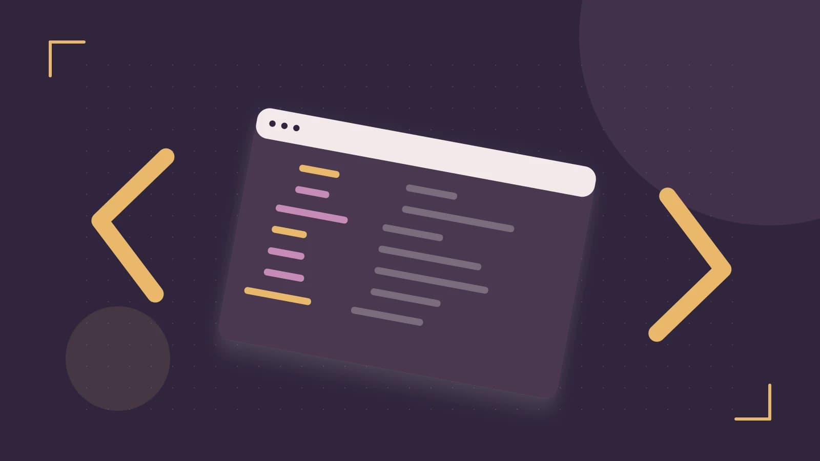 Editorial illustration of an abstract code editor, syntax blocks and oversized programming brackets