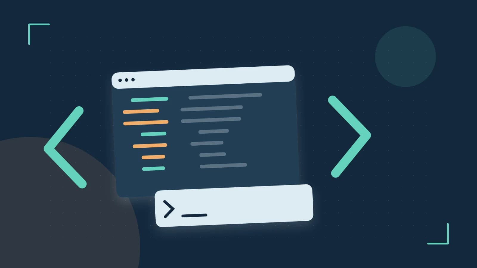 Editorial illustration of an abstract code editor, syntax blocks and oversized programming brackets