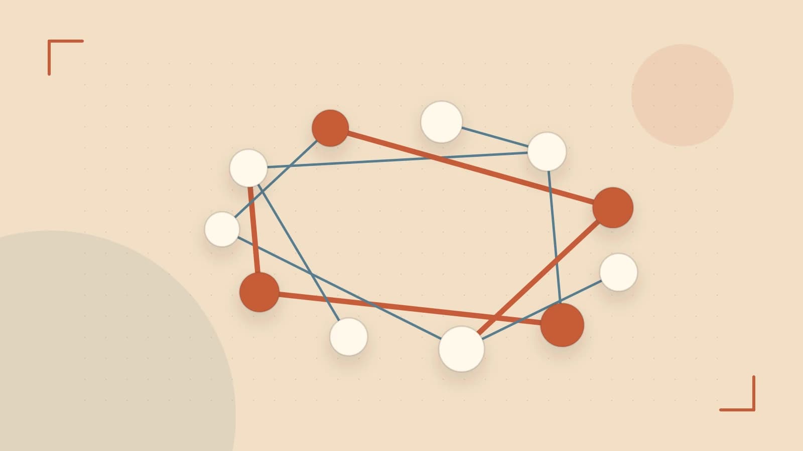 Editorial illustration of an algorithmic node graph with branching paths and a highlighted result
