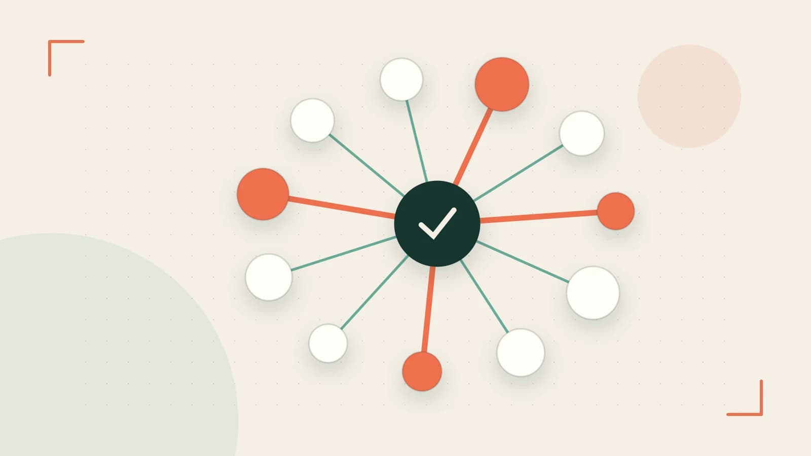 Editorial illustration of an algorithmic node graph with branching paths and a highlighted result