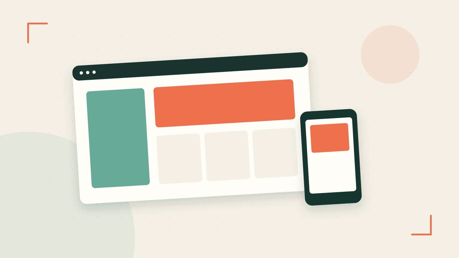 Editorial illustration of responsive browser layouts, overlapping design components and a color system