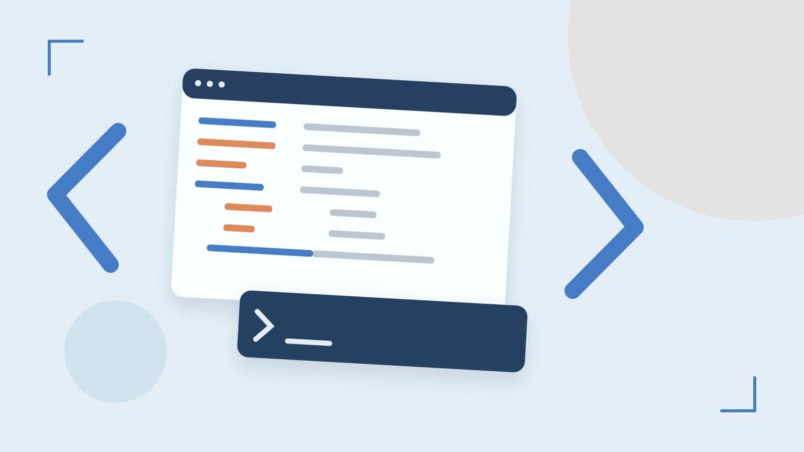 Editorial illustration of an abstract code editor, syntax blocks and oversized programming brackets