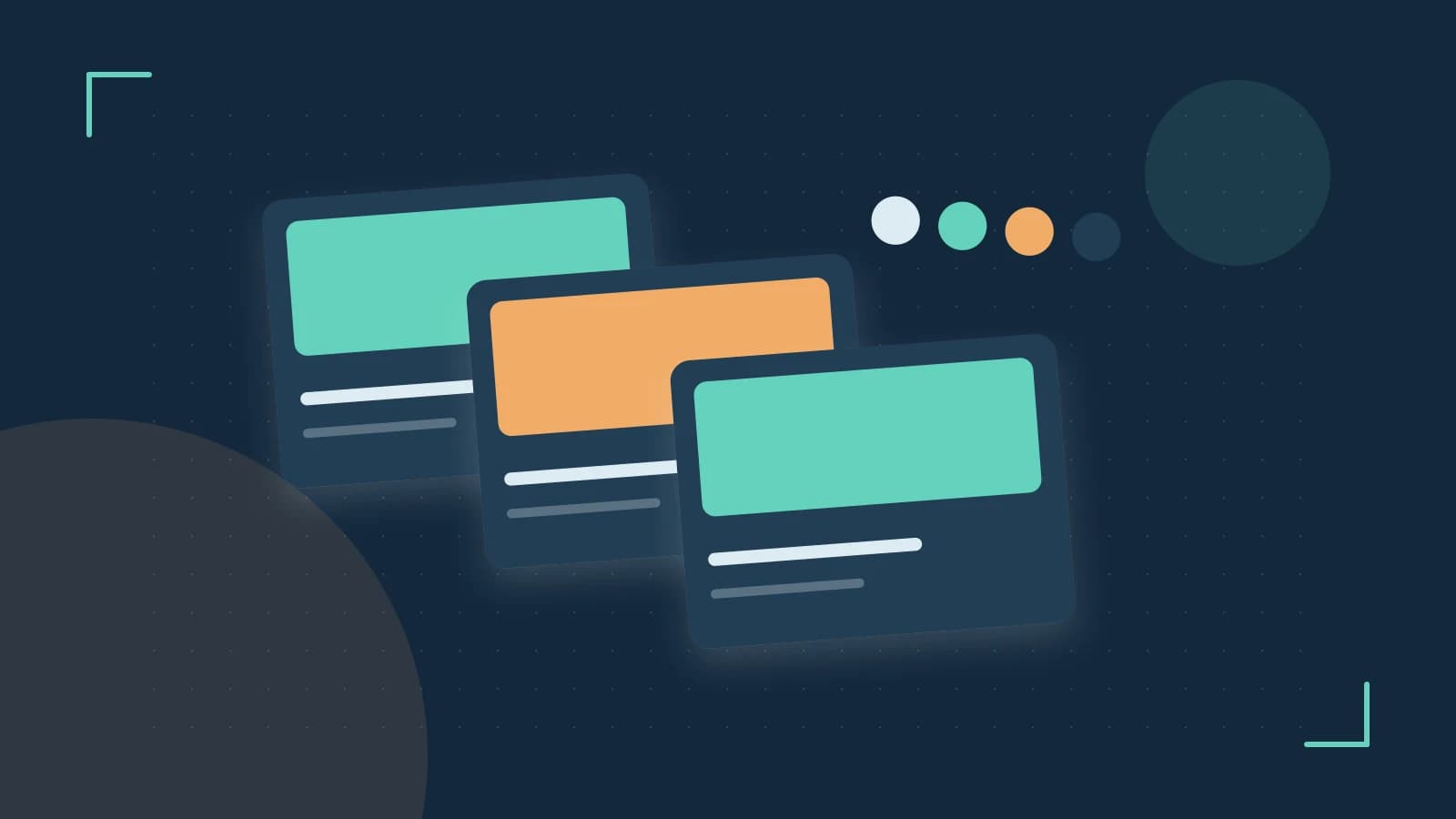 Editorial illustration of responsive browser layouts, overlapping design components and a color system