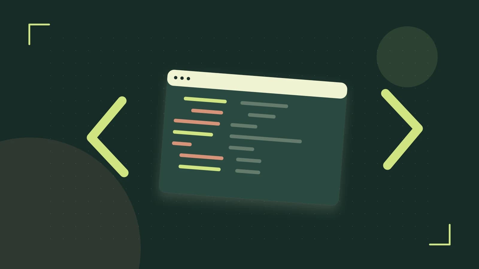Editorial illustration of an abstract code editor, syntax blocks and oversized programming brackets